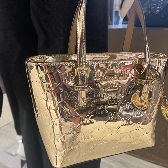 MICHAEL KORS Jet Set Extra-Small Metallic Logo Debossed Convertible TZ Tote Cros - Picture 15 of 16